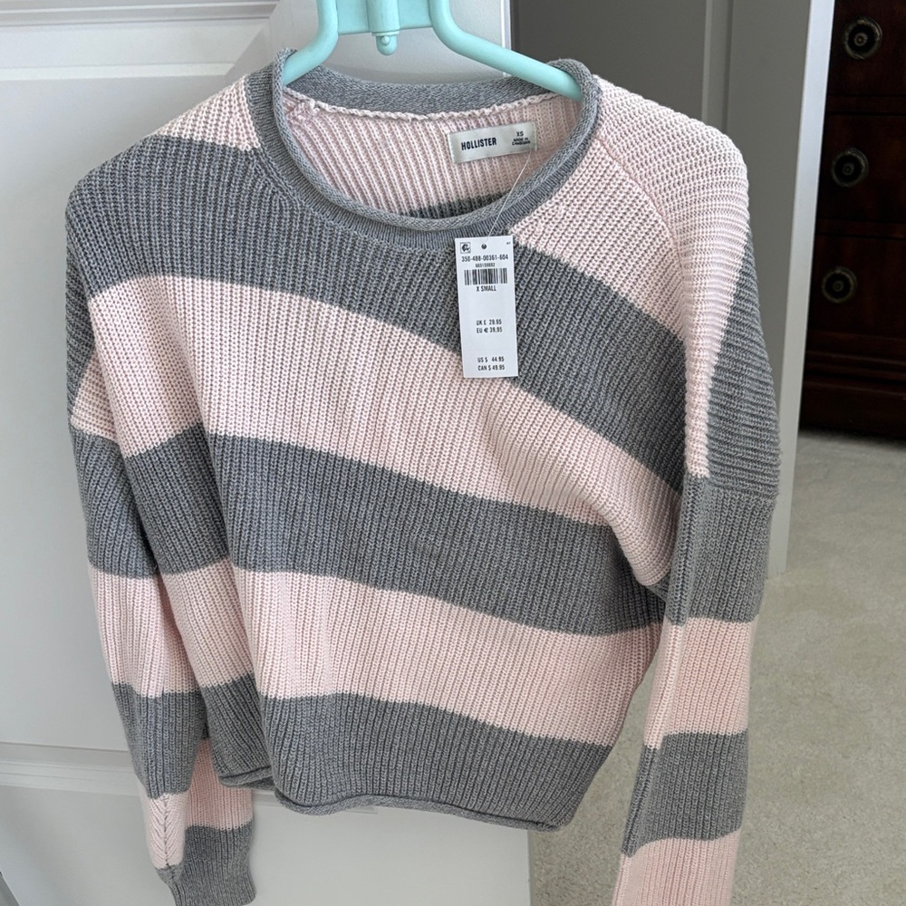 NWT Hollister Women's Crew Neck Sweater - Pink and Gray Stripes